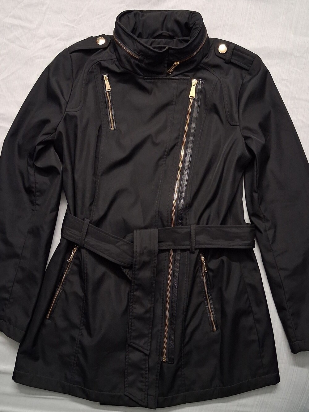 Michael Kors Womens Black and Gold Tone Raincoat with hidden hood